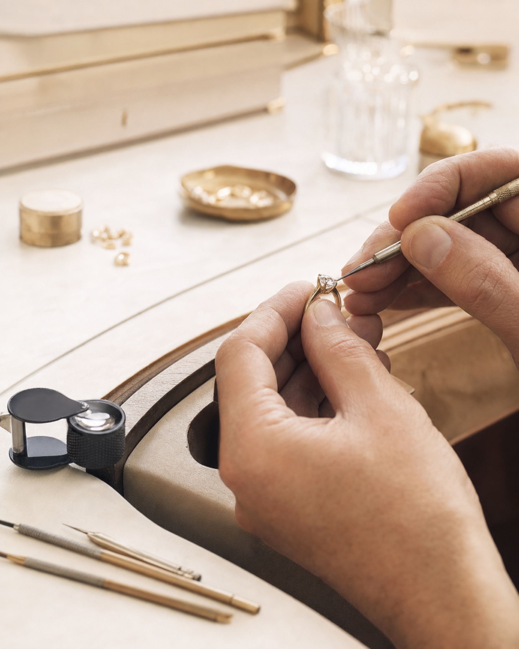 A jeweller setting a diamond in the Gensiah atelier
